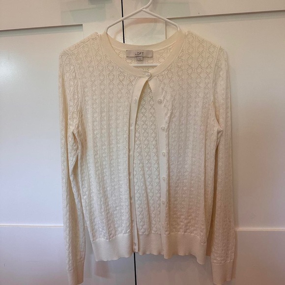LOFT Patterned Cardigan Ivory Long Sleeve Round Neck Button Up - Picture 5 of 5